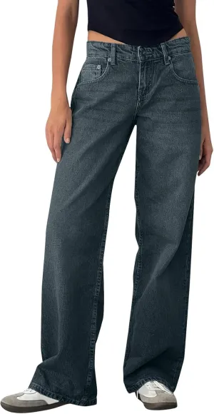 Womens Straight Leg Jeans Stretch Mid Rise Wide Leg Baggy Jeans Casual Loose Button Down Boyfriend Jeans with Pockets
