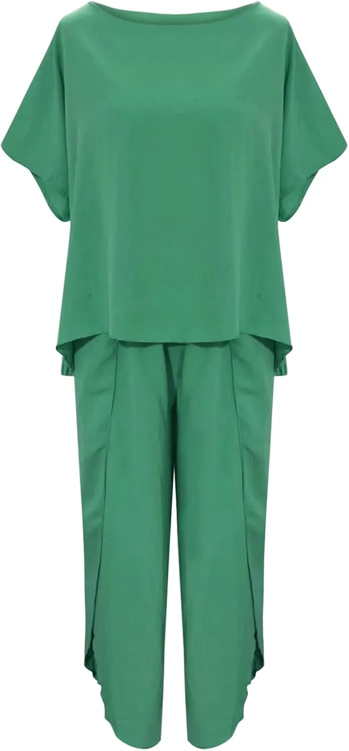 Womens Summer Outfits Cotton Linen 2 Piece Sets Short Sleeve Loose High Low T Shirt Ruffled Wide Leg Capri Pants Suit