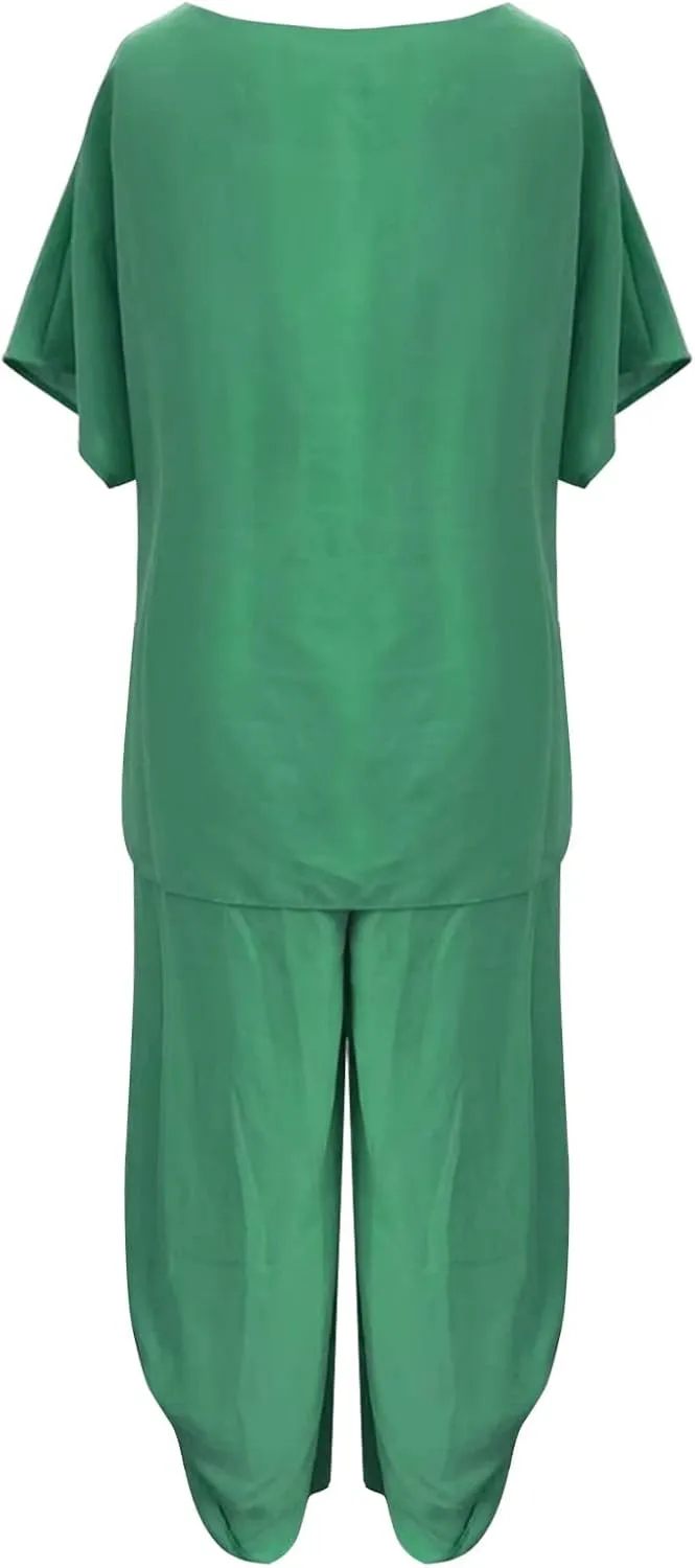 Womens Summer Outfits Cotton Linen 2 Piece Sets Short Sleeve Loose High Low T Shirt Ruffled Wide Leg Capri Pants Suit