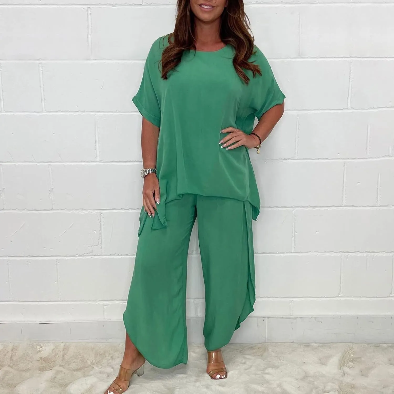 Womens Summer Outfits Cotton Linen 2 Piece Sets Short Sleeve Loose High Low T Shirt Ruffled Wide Leg Capri Pants Suit