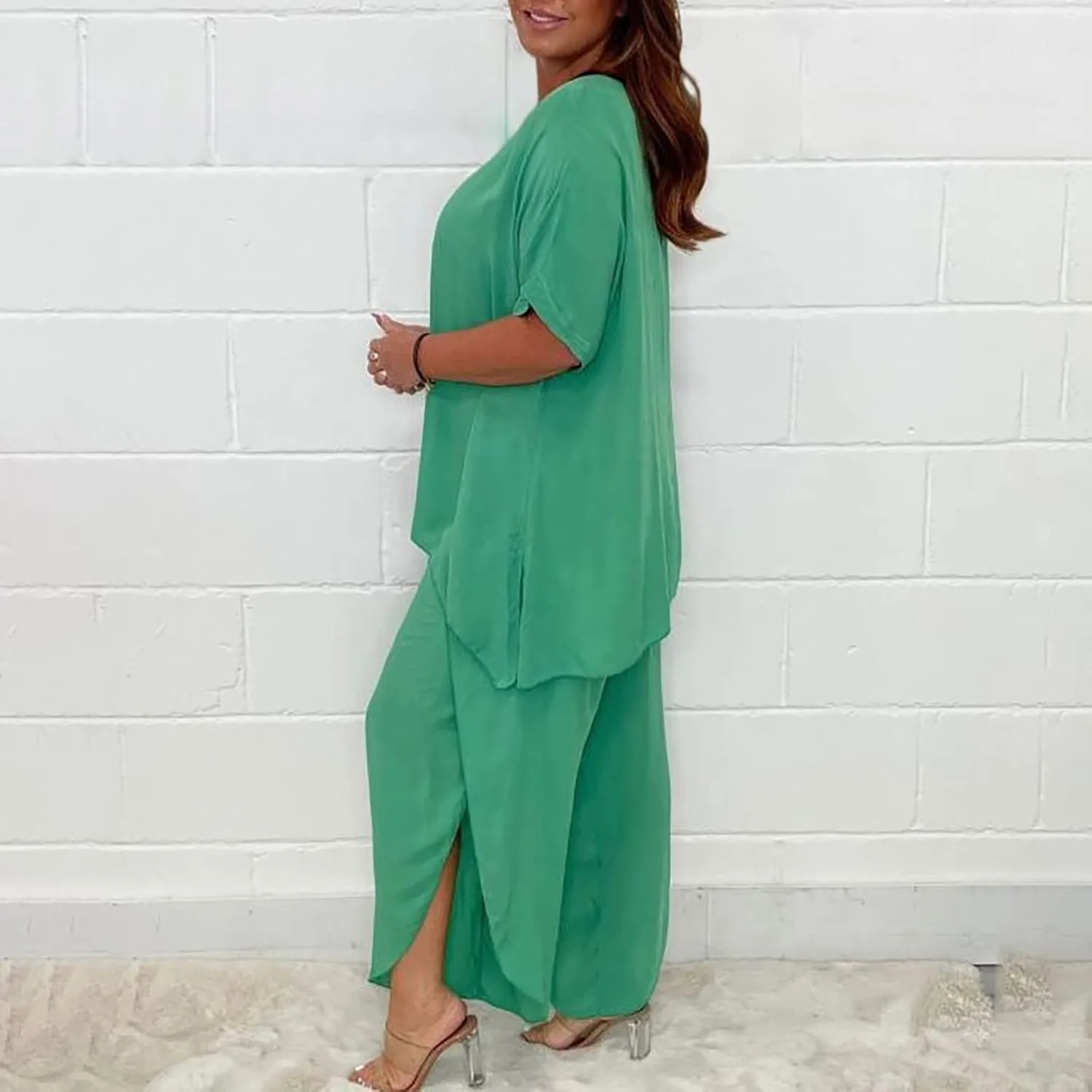 Womens Summer Outfits Cotton Linen 2 Piece Sets Short Sleeve Loose High Low T Shirt Ruffled Wide Leg Capri Pants Suit