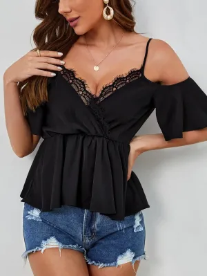 Womens Summer Tops Cold Shoulder Eyelash Lace Trim Peplum Blouse (Color : Black, Size : Medium)