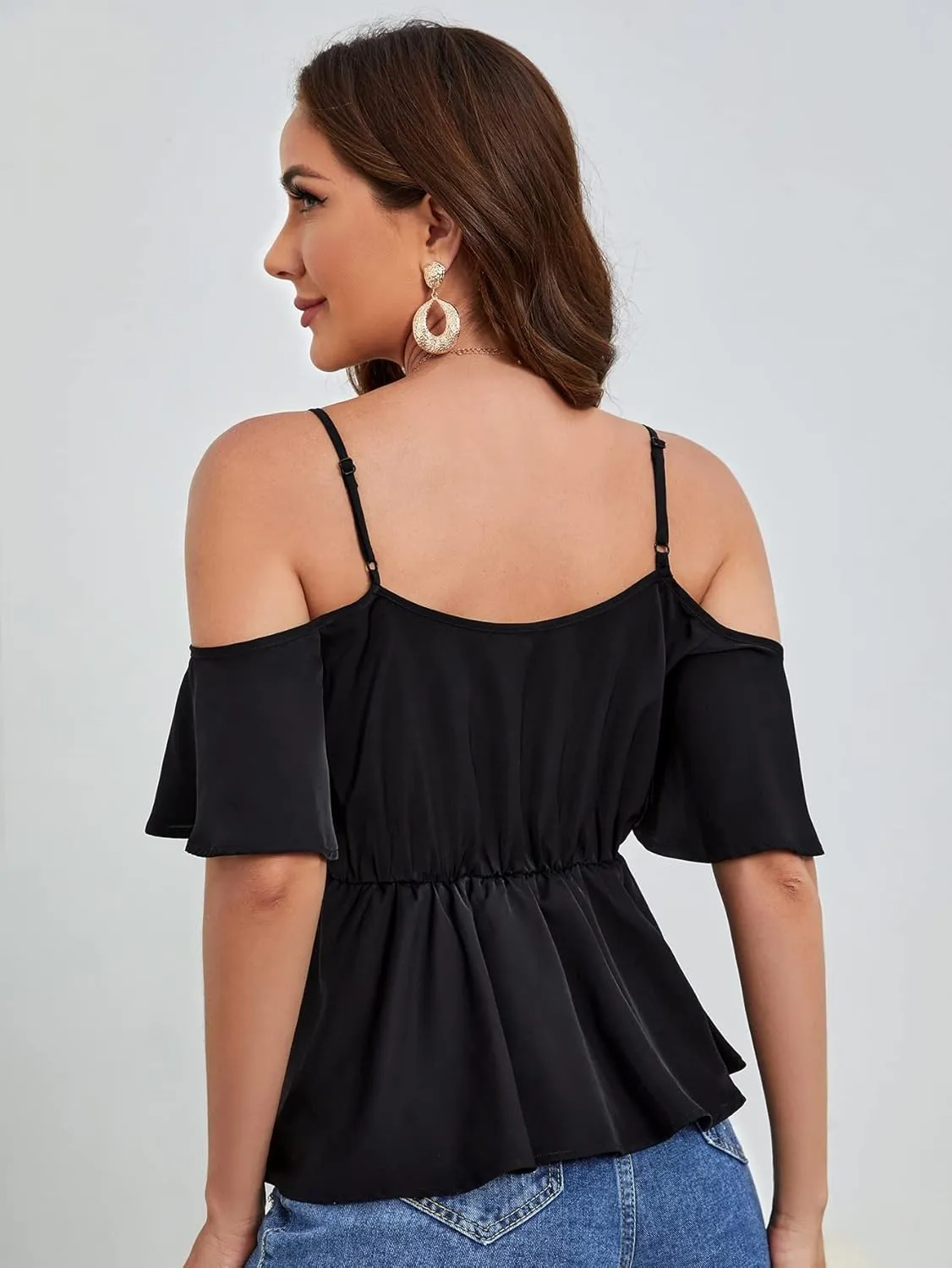 Womens Summer Tops Cold Shoulder Eyelash Lace Trim Peplum Blouse (Color : Black, Size : Medium)