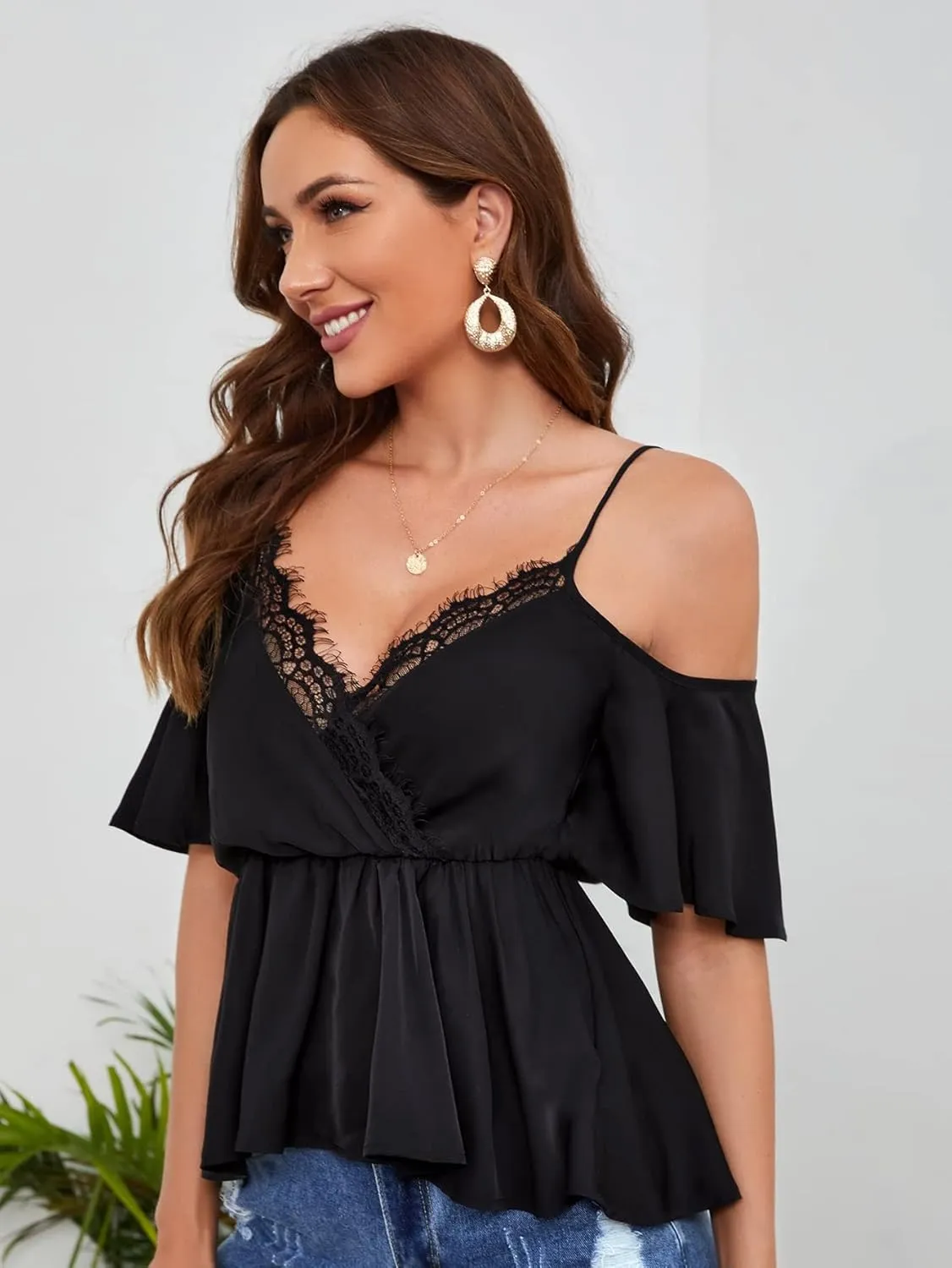 Womens Summer Tops Cold Shoulder Eyelash Lace Trim Peplum Blouse (Color : Black, Size : Medium)