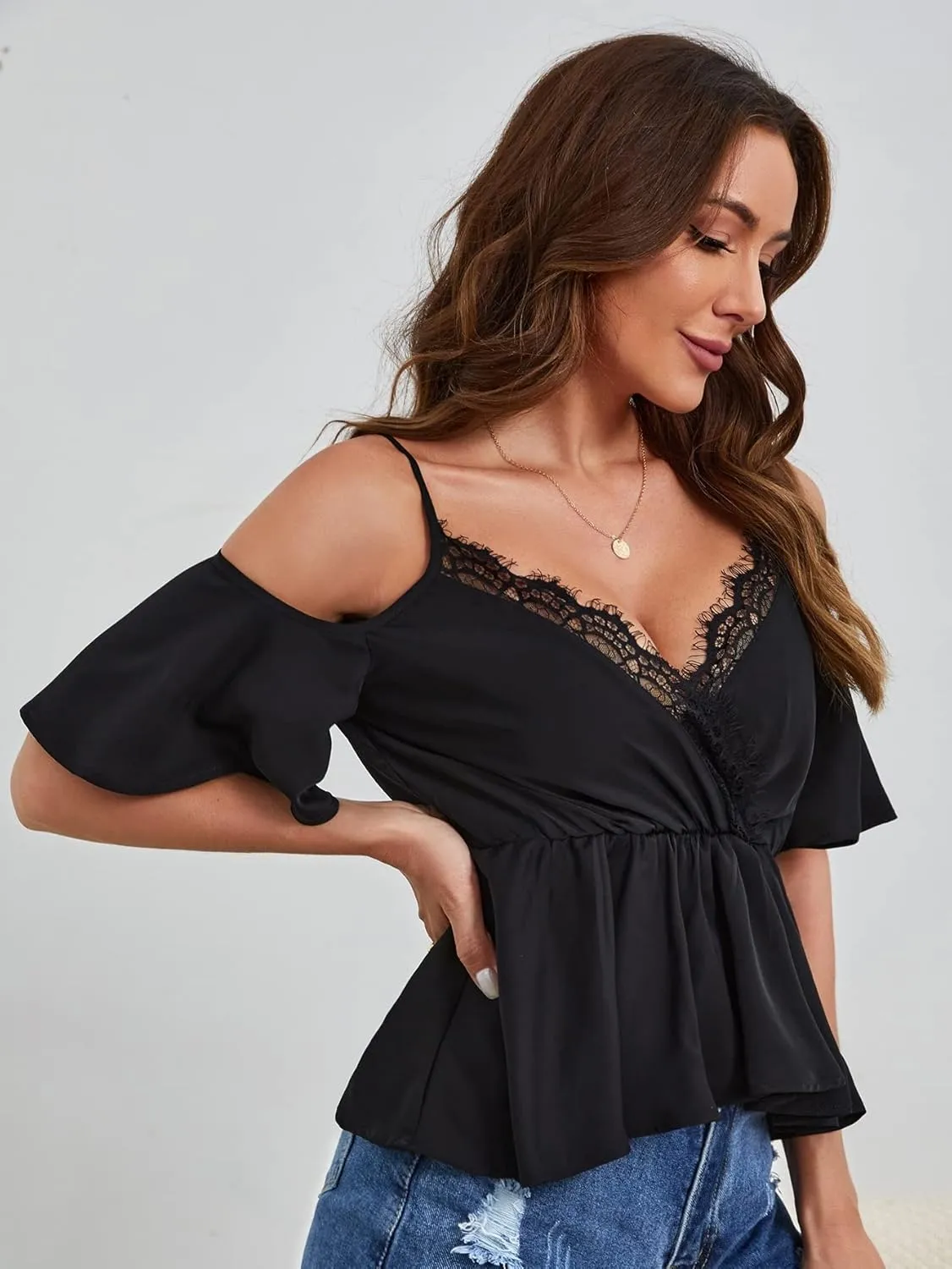 Womens Summer Tops Cold Shoulder Eyelash Lace Trim Peplum Blouse (Color : Black, Size : Medium)