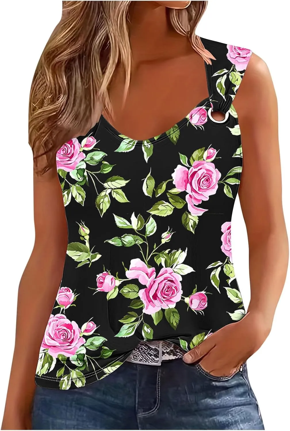 Womens Tank Tops Casual Cropped Casual Fashion V Neck Printed Sleeveless Camisole Summer Vacation Beach Dressy Top