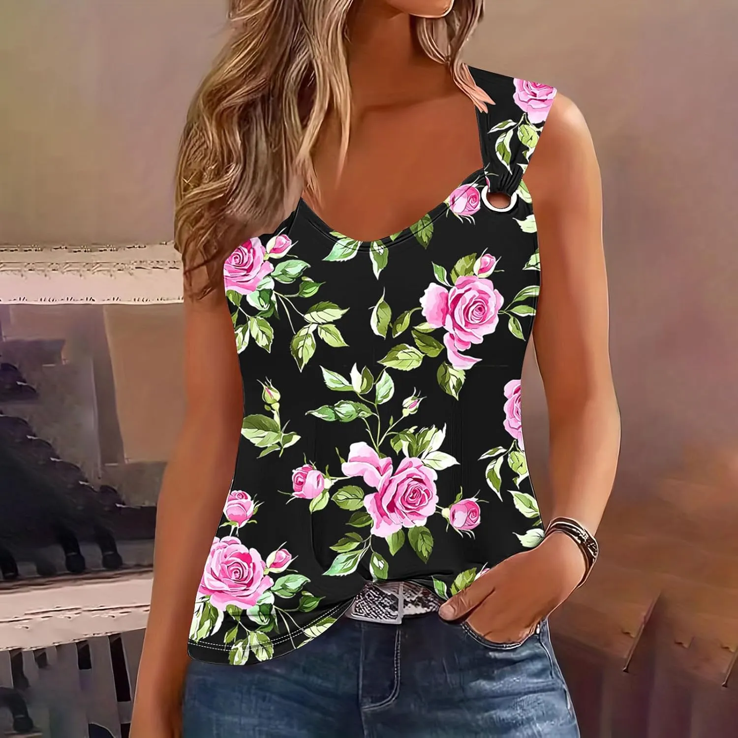 Womens Tank Tops Casual Cropped Casual Fashion V Neck Printed Sleeveless Camisole Summer Vacation Beach Dressy Top