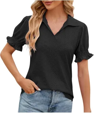 Womens Tops Trendy Casual Puff Short Sleeve Lace Trim Eyelet V Neck Shirt Cute Fashion Blouse Work Business Tunics