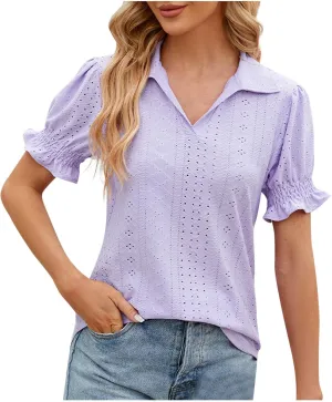 Womens Tops Trendy Casual Puff Short Sleeve Lace Trim Eyelet V Neck Shirt Cute Fashion Blouse Work Business Tunics