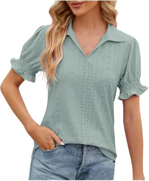 Womens Tops Trendy Casual Puff Short Sleeve Lace Trim Eyelet V Neck Shirt Cute Fashion Blouse Work Business Tunics