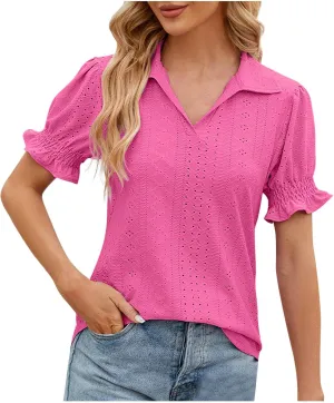 Womens Tops Trendy Casual Puff Short Sleeve Lace Trim Eyelet V Neck Shirt Cute Fashion Blouse Work Business Tunics