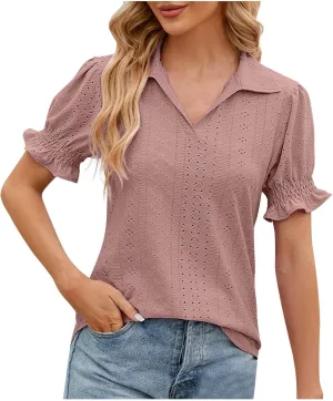 Womens Tops Trendy Casual Puff Short Sleeve Lace Trim Eyelet V Neck Shirt Cute Fashion Blouse Work Business Tunics