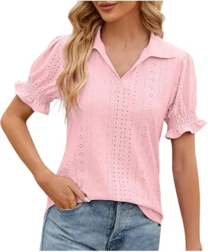 Womens Tops Trendy Casual Puff Short Sleeve Lace Trim Eyelet V Neck Shirt Cute Fashion Blouse Work Business Tunics