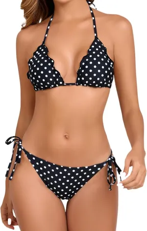 Women's Two Piece Triangle Bikini Sets Ruffle Halter Tie Side String Adjustable Sexy Swimsut with Romovable Padded Black Polka Dot M