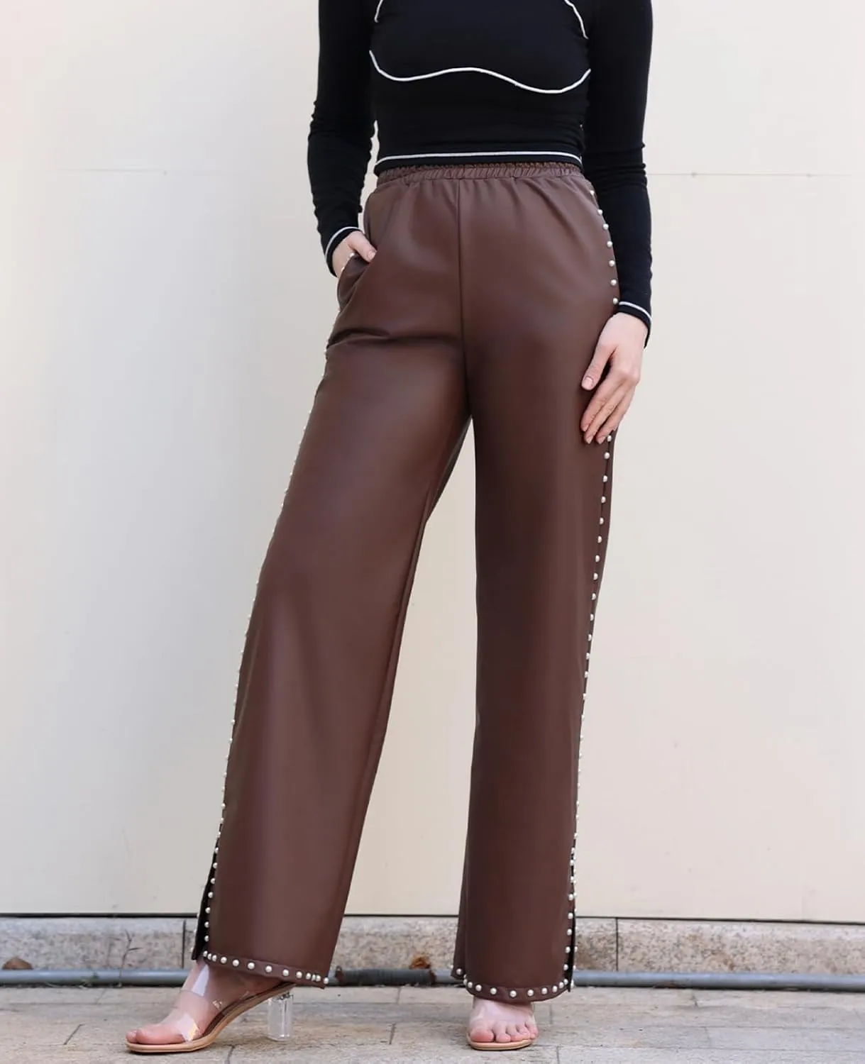 Women's Wide Leg Faux Leather Pants Rivets Pearls Elastic Waist Beggy Trousers with Pockets