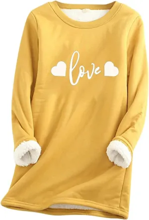 Women's Winter Warm Sherpa Lined Fleece Crewneck Letter Printed Sweatshirt Pullover Loungewear Tunic Tops