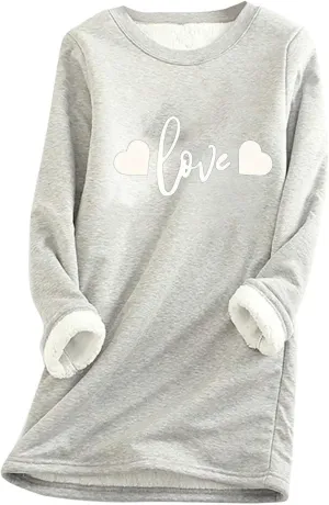 Women's Winter Warm Sherpa Lined Fleece Crewneck Letter Printed Sweatshirt Pullover Loungewear Tunic Tops