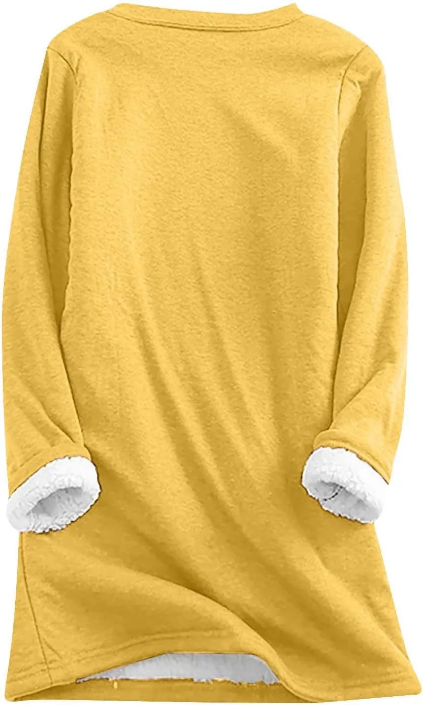 Women's Winter Warm Sherpa Lined Fleece Crewneck Letter Printed Sweatshirt Pullover Loungewear Tunic Tops