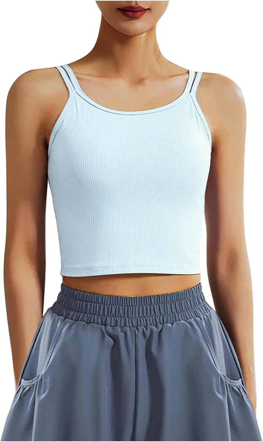Workout Tank Tops for Women Built in Shelf Bras Padded Spaghetti Strap Crop Top Athletic Spandex Yoga Camisole
