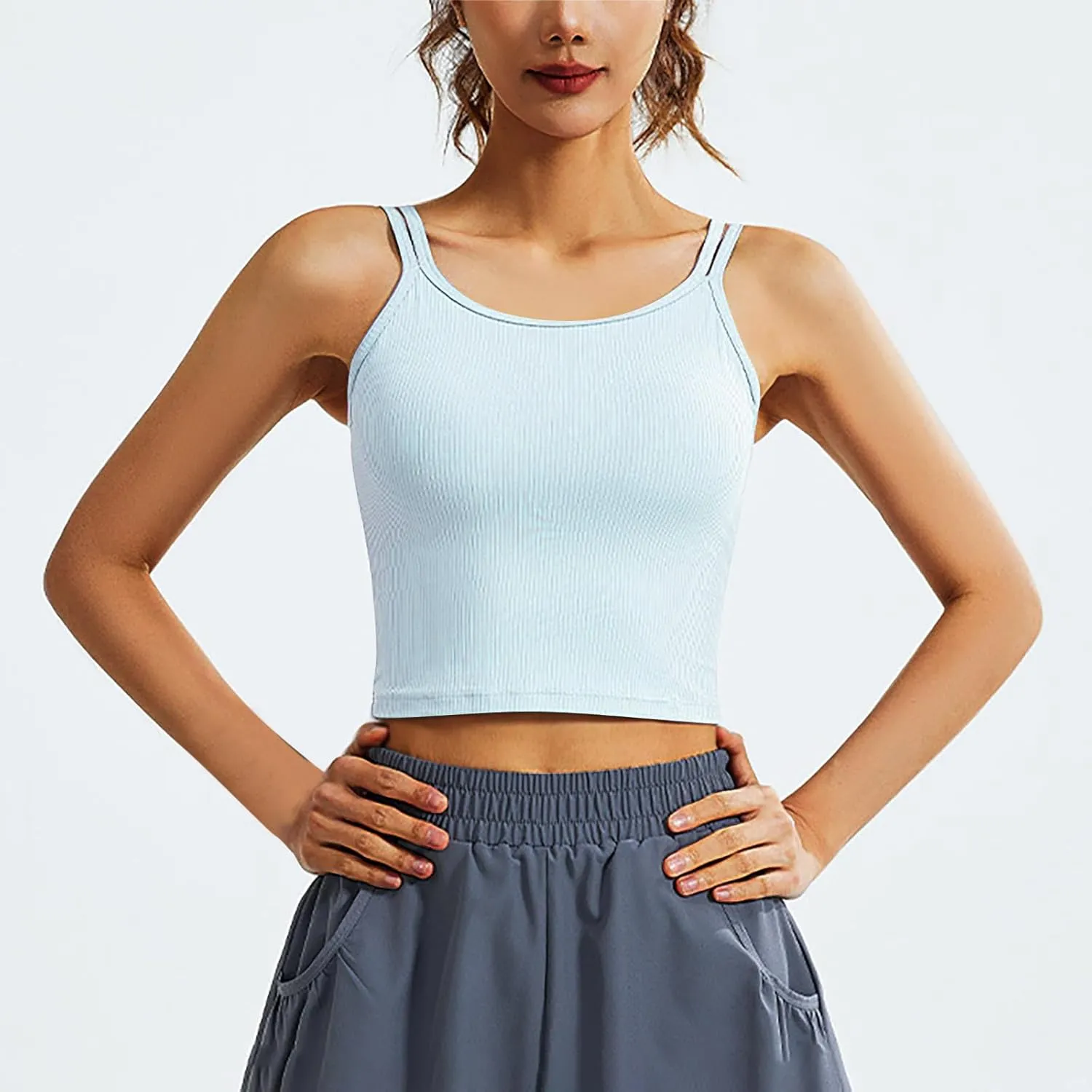 Workout Tank Tops for Women Built in Shelf Bras Padded Spaghetti Strap Crop Top Athletic Spandex Yoga Camisole