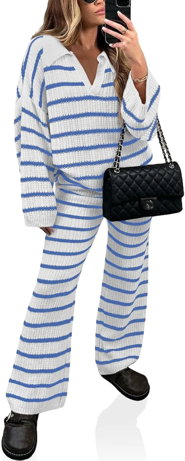 Yousify 2 Piece Sets for Women Long Sleeve V Neck Sweater Lounge Set Striped Fall Outfits 2024 S-2XL