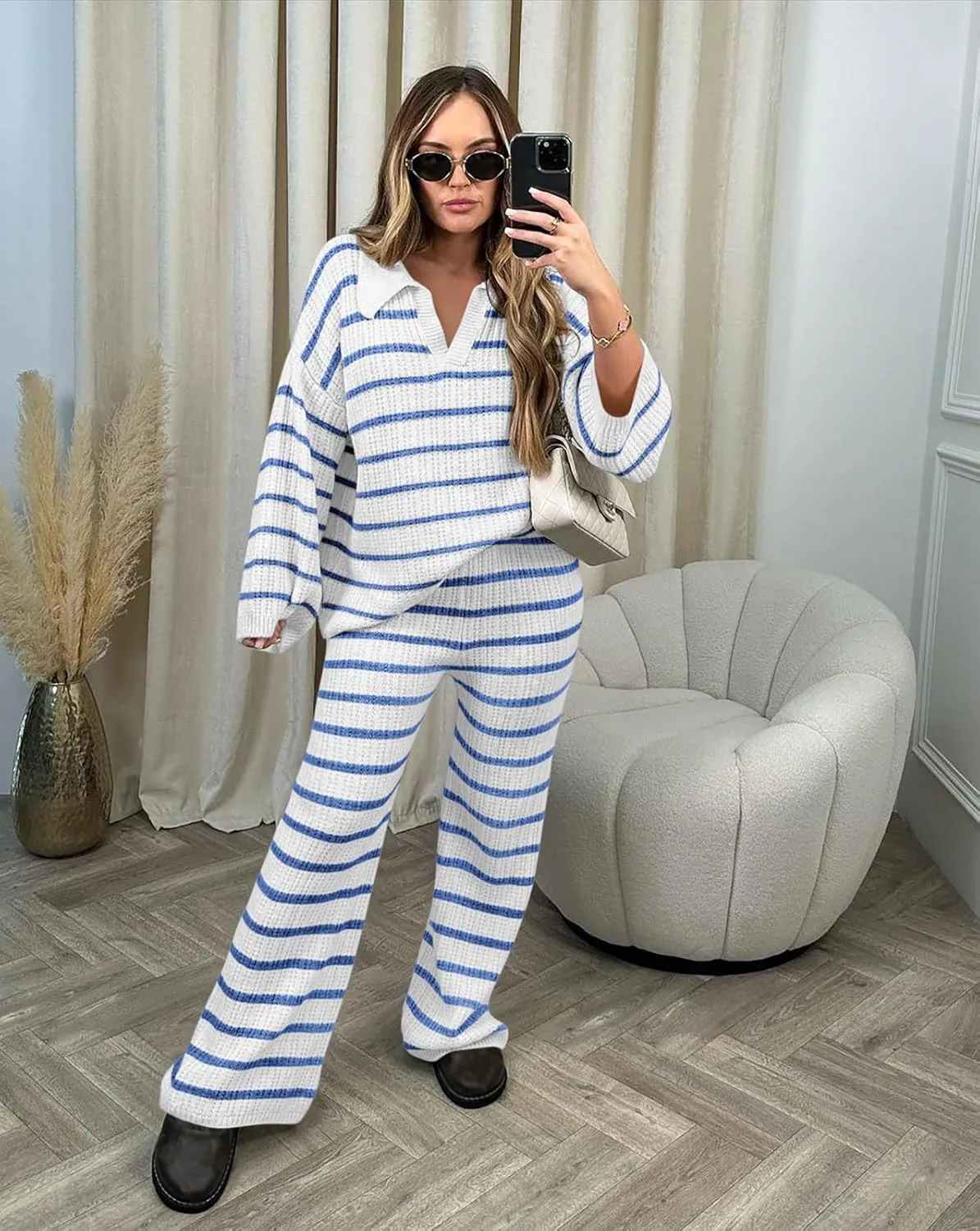 Yousify 2 Piece Sets for Women Long Sleeve V Neck Sweater Lounge Set Striped Fall Outfits 2024 S-2XL
