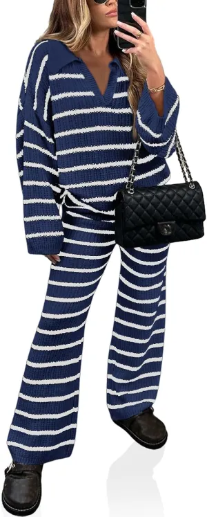 Yousify 2 Piece Sets for Women Long Sleeve V Neck Sweater Lounge Set Striped Fall Outfits 2024 S-2XL