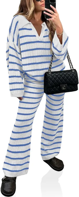 Yousify 2 Piece Sets for Women Long Sleeve V Neck Sweater Lounge Set Striped Fall Outfits 2024 S-2XL