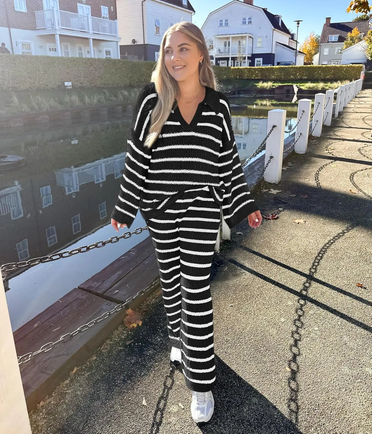 Yousify 2 Piece Sets for Women Long Sleeve V Neck Sweater Lounge Set Striped Fall Outfits 2024 S-2XL