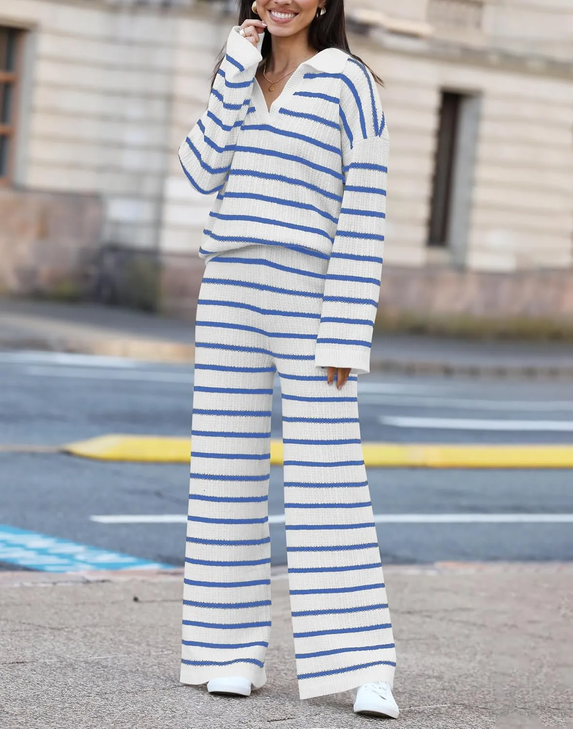 Yousify 2 Piece Sets for Women Long Sleeve V Neck Sweater Lounge Set Striped Fall Outfits 2024 S-2XL