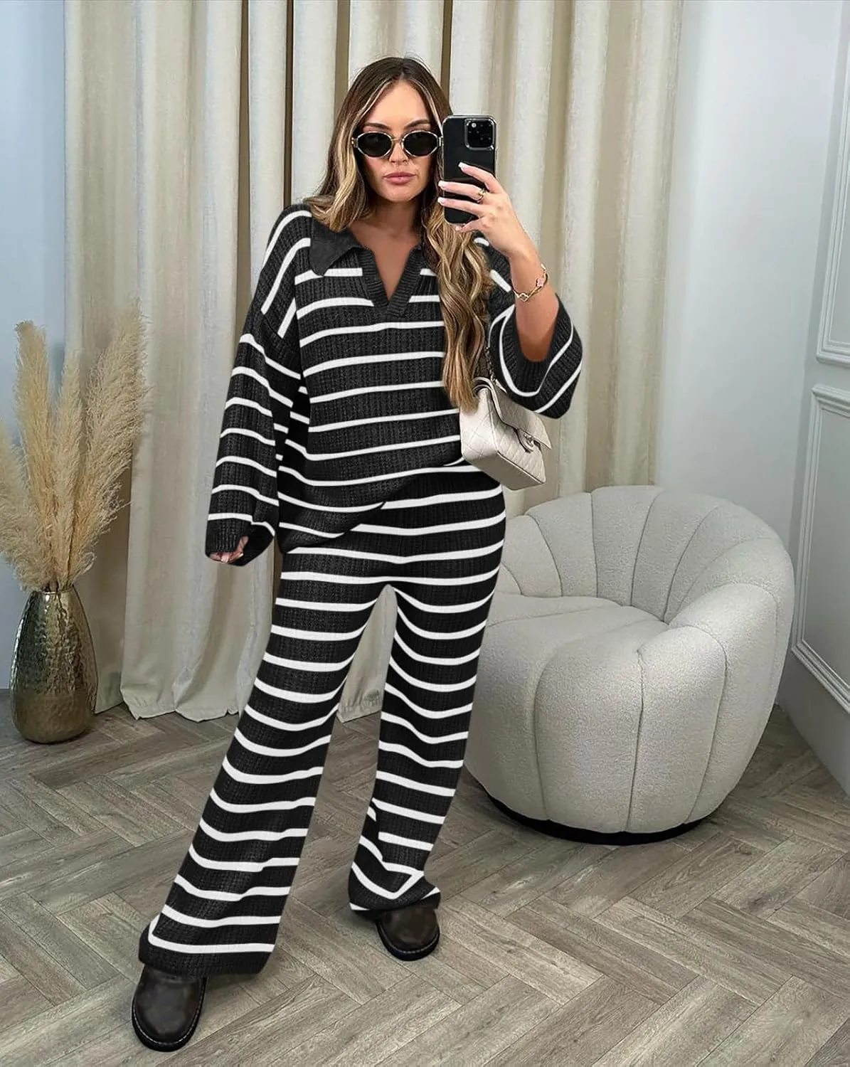 Yousify 2 Piece Sets for Women Long Sleeve V Neck Sweater Lounge Set Striped Fall Outfits 2024 S-2XL