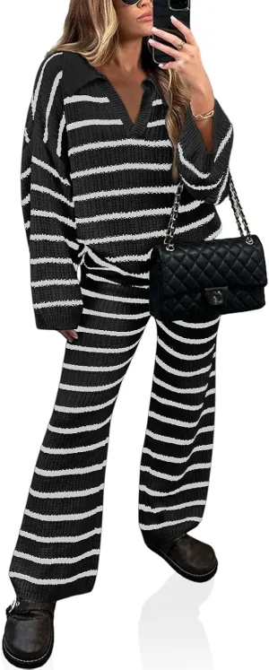 Yousify 2 Piece Sets for Women Long Sleeve V Neck Sweater Lounge Set Striped Fall Outfits 2024 S-2XL