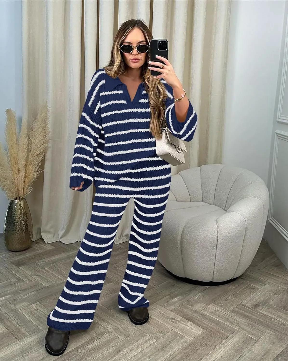 Yousify 2 Piece Sets for Women Long Sleeve V Neck Sweater Lounge Set Striped Fall Outfits 2024 S-2XL