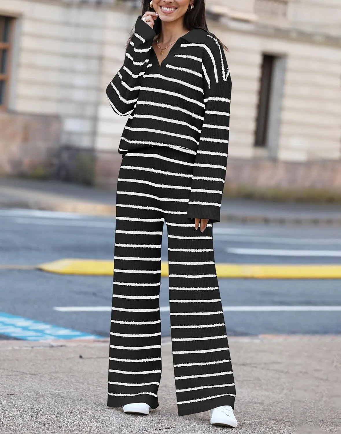 Yousify 2 Piece Sets for Women Long Sleeve V Neck Sweater Lounge Set Striped Fall Outfits 2024 S-2XL