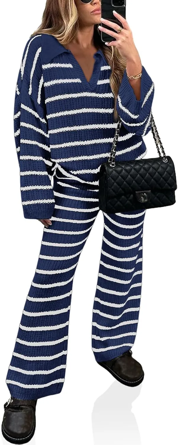 Yousify 2 Piece Sets for Women Long Sleeve V Neck Sweater Lounge Set Striped Fall Outfits 2024 S-2XL