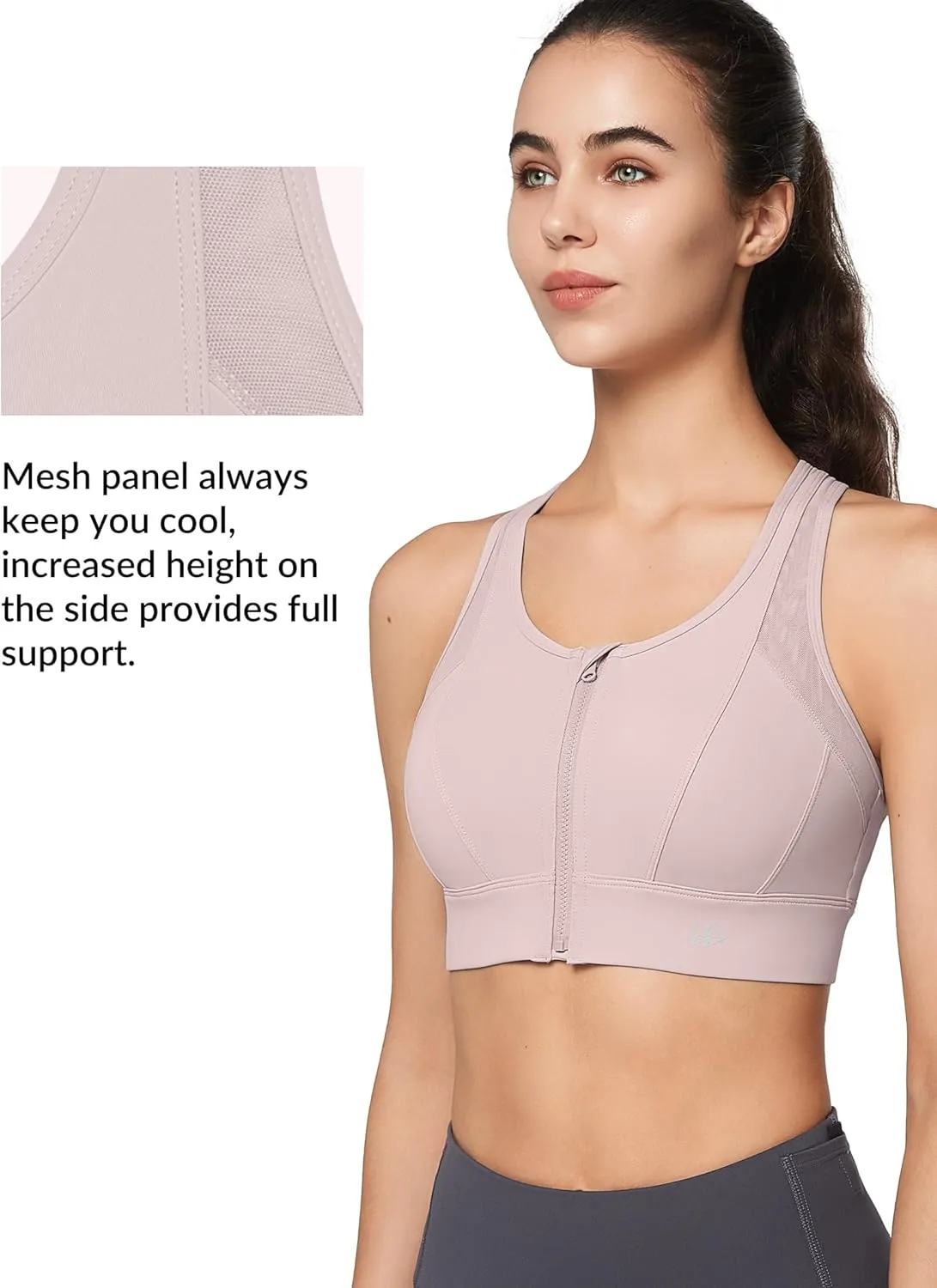 Yvette High Impact Zip Front Sports Bra Mesh Racerback Workout High Support Sports Bras for Women Large Breasts