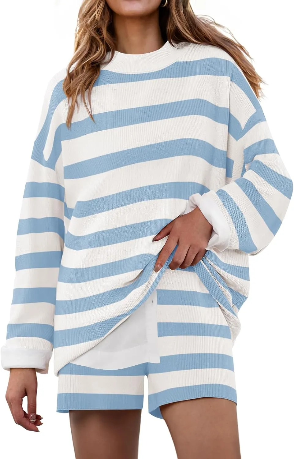 ZESICA Striped Lounge Sets for Women 2 Piece Oversized Outfits Long Sleeve Tops and Shorts Sweater Pajama Set