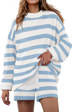 ZESICA Striped Lounge Sets for Women 2 Piece Oversized Outfits Long Sleeve Tops and Shorts Sweater Pajama Set