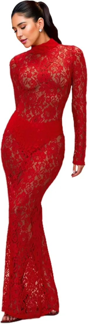 ZGMYC Women's Elegant Floral Lace Maxi Dress Sexy See Through Long Sleeve Evening Dress Party Cocktail Dress Beach Cover Ups