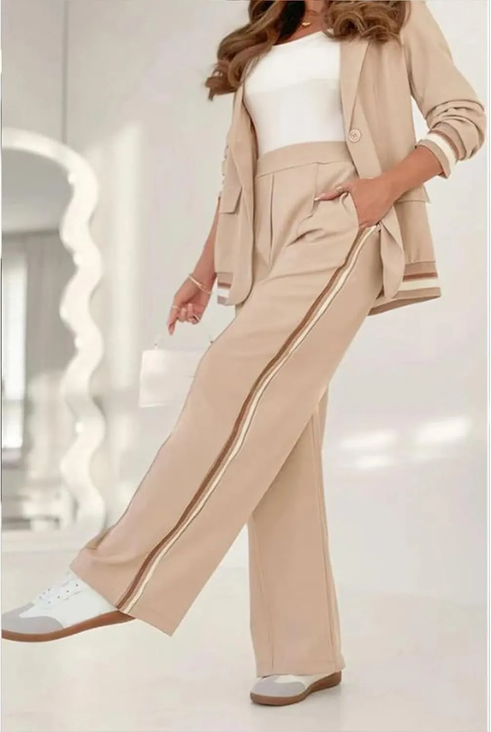 ZWRXW 2 Piece Pant Suits for Women Business Casual Two Piece Sets Blazer Outfits Oversize Blazers Jacket Wide Leg Work Pants