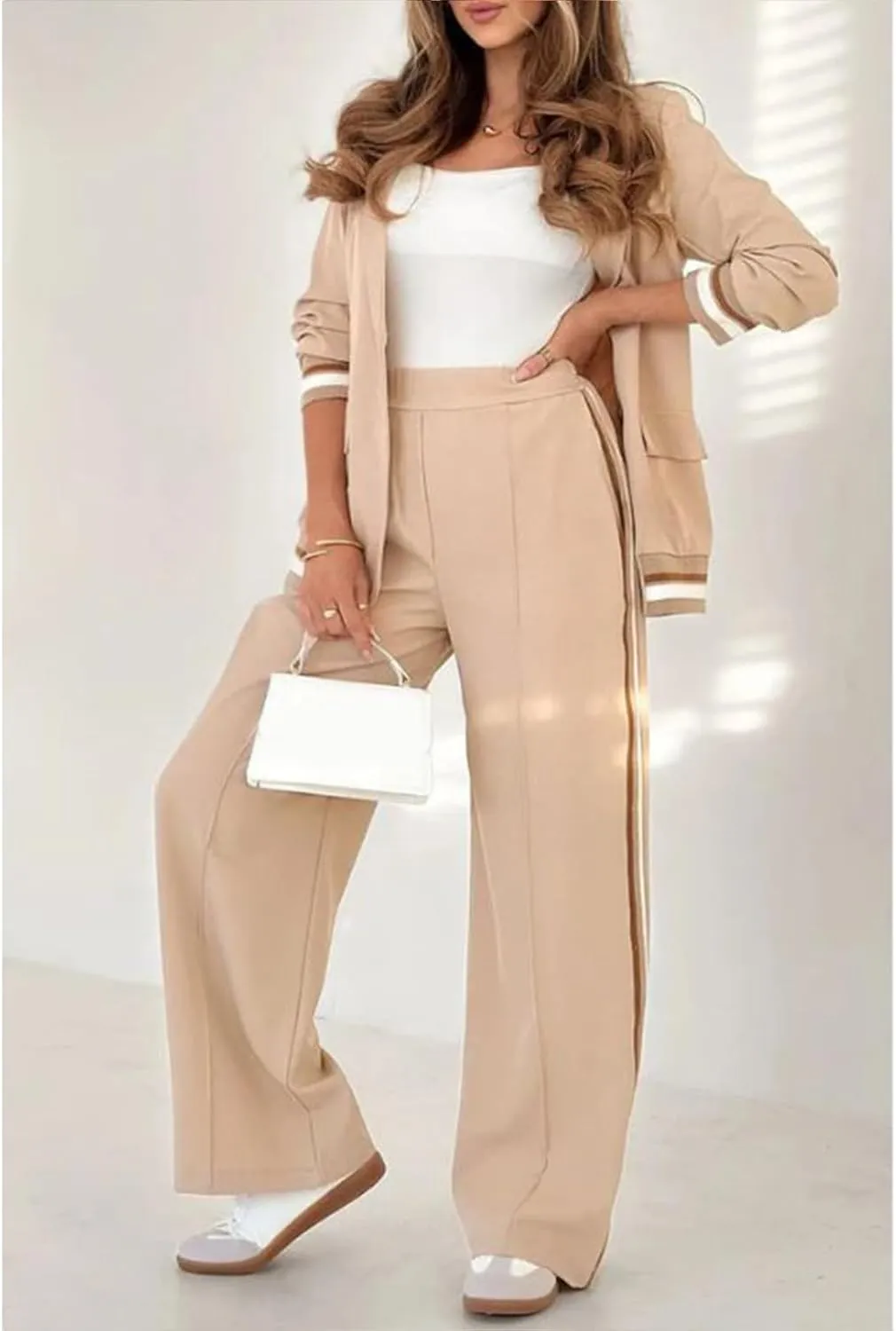 ZWRXW 2 Piece Pant Suits for Women Business Casual Two Piece Sets Blazer Outfits Oversize Blazers Jacket Wide Leg Work Pants