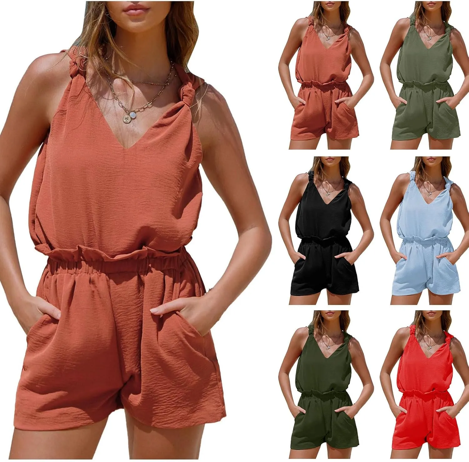 ZWRXW Womens Summer 2 Piece Sets V Neck Knotted Tank Tops Shorts Sleeveless Matching Sets Vacation Beach Outfits Resort Wear