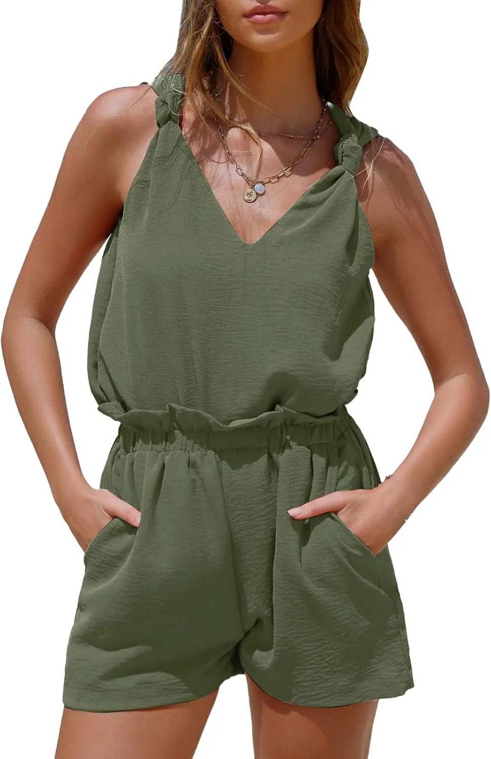 ZWRXW Womens Summer 2 Piece Sets V Neck Knotted Tank Tops Shorts Sleeveless Matching Sets Vacation Beach Outfits Resort Wear
